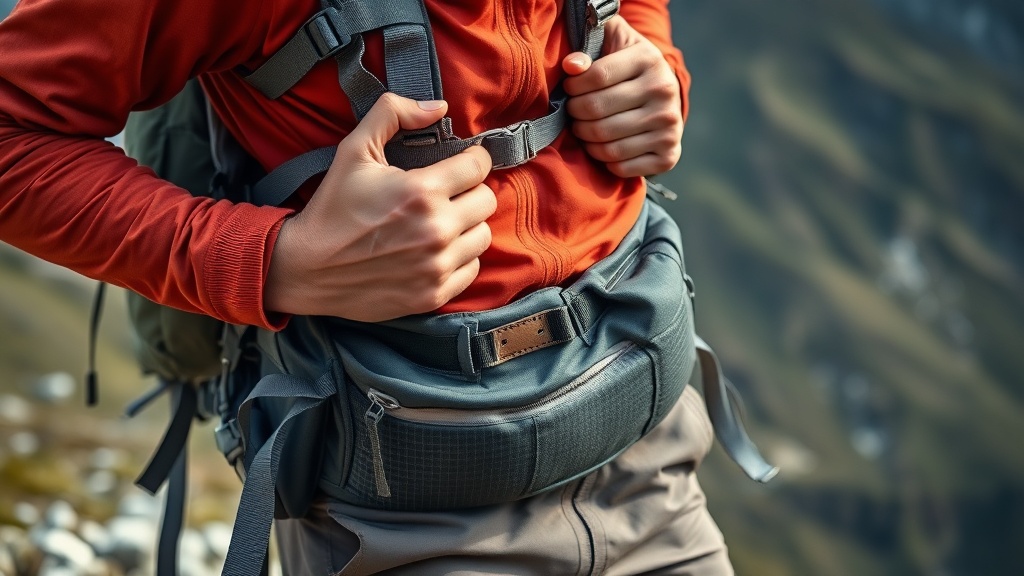 등산객이 산행 시작 전 배낭의 어깨 스트랩과 힙벨트를 세밀하게 조정하고 있는 모습
